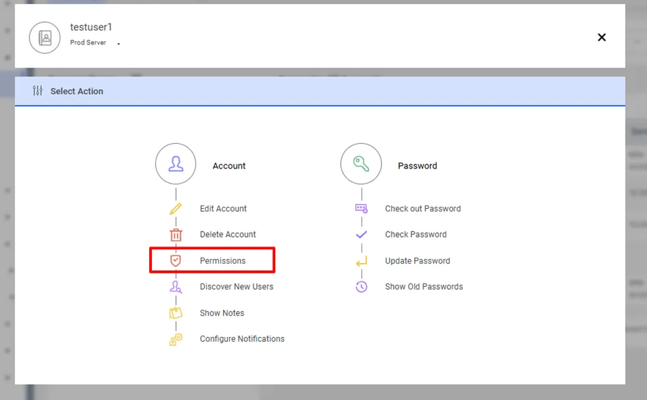 Permissions option for a Password Vault Account Permissions option for a Password Vault Account