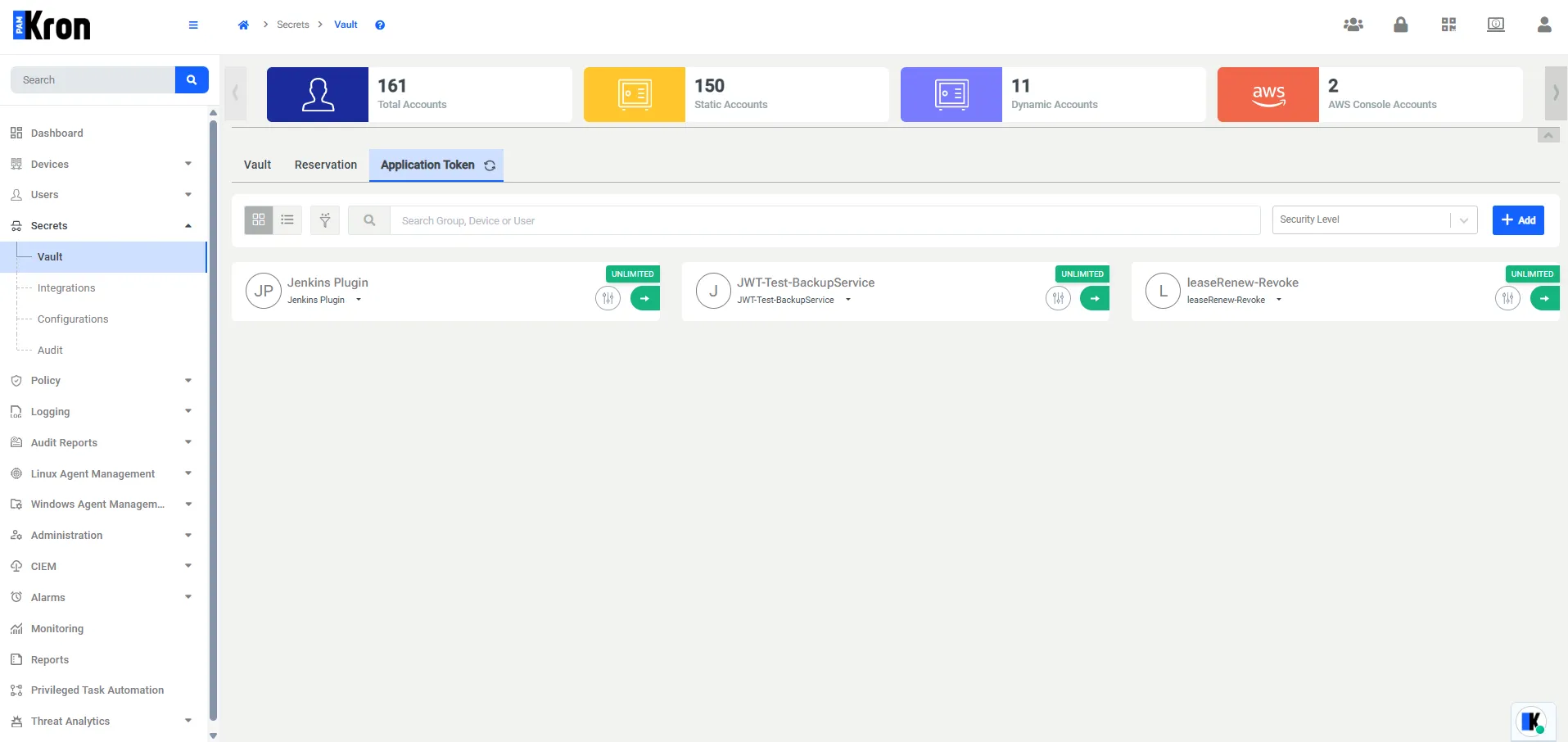 Figure 2 – Application Token tab, showing existing tokens (e.g. Jenkins Plugin).