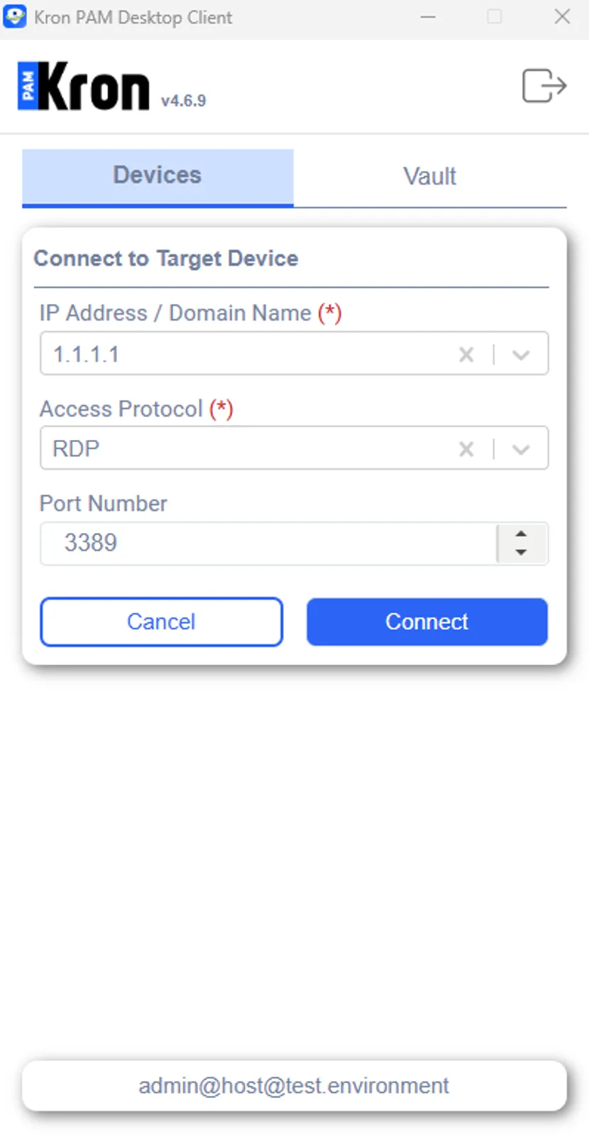 Using the connect to target device feature for RDP device on Kron PAM Desktop Client