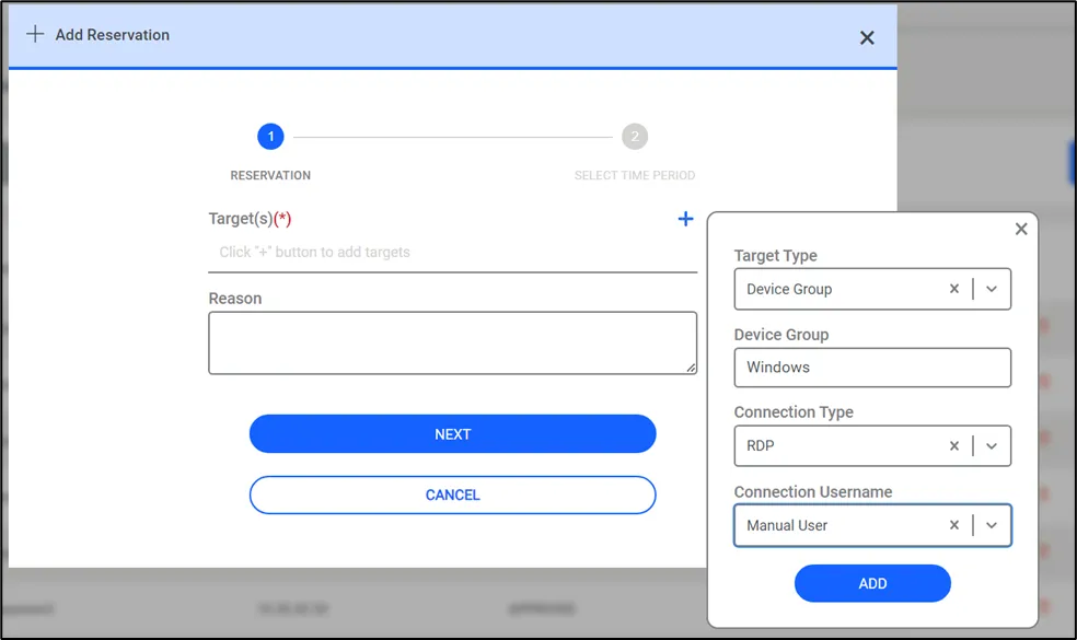 Device Group selection in Connection Reservation tab.