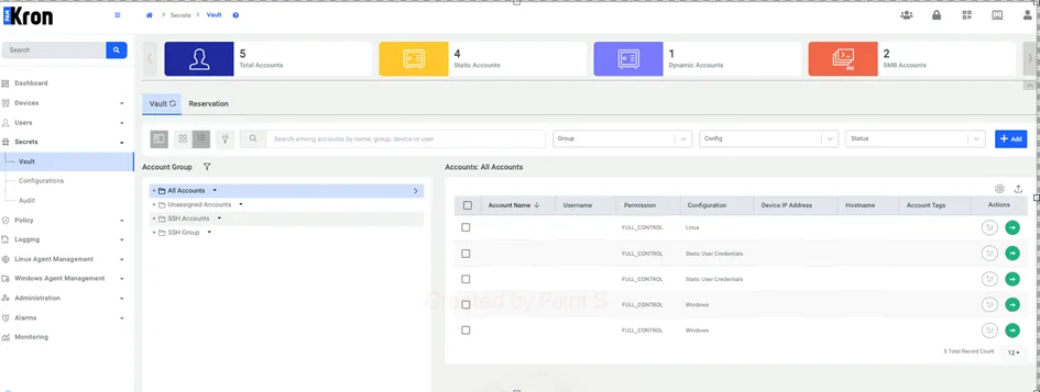 Vista de lista de las Vault accounts