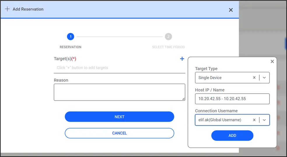 Single Device selection in the Connection Reservation tab.