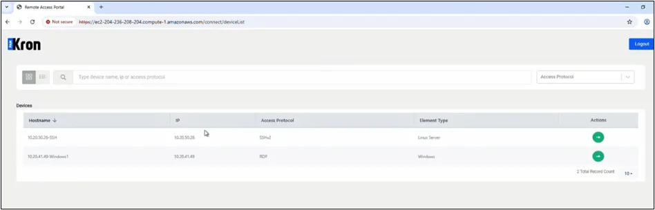 Lista de dispositivos en el Remote Access Portal Lista de dispositivos en el Remote Access Portal