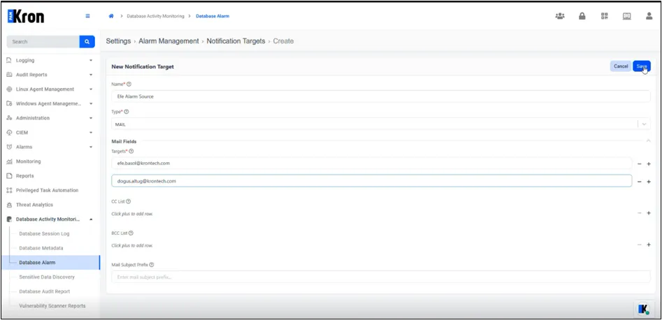 Formulario Create Notification Target