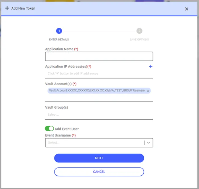 Application Token – Add Password Vault Account Pop-up Screen 