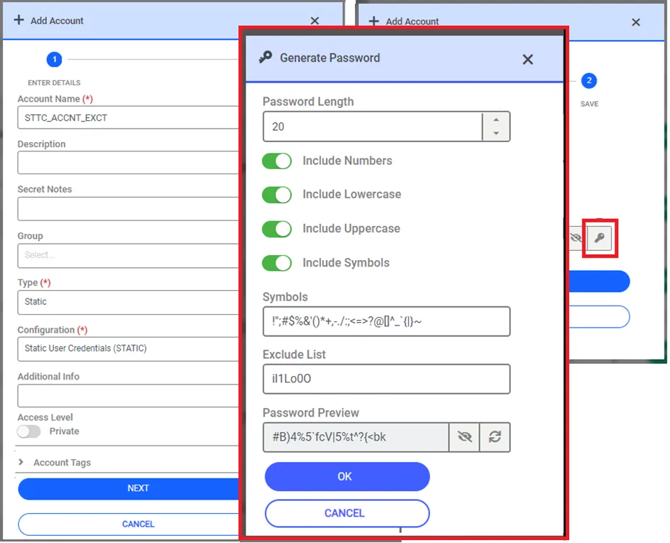 Vault Account Password Generation Screen