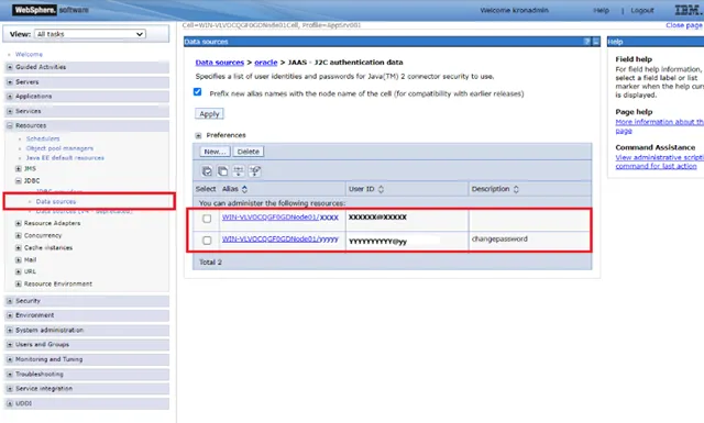 Websphere Data Source Management Screen