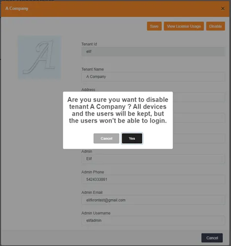 “Disable Tenant” dialog box