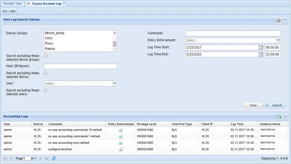 TACACS+ Account Logs TACACS+ Account Logs