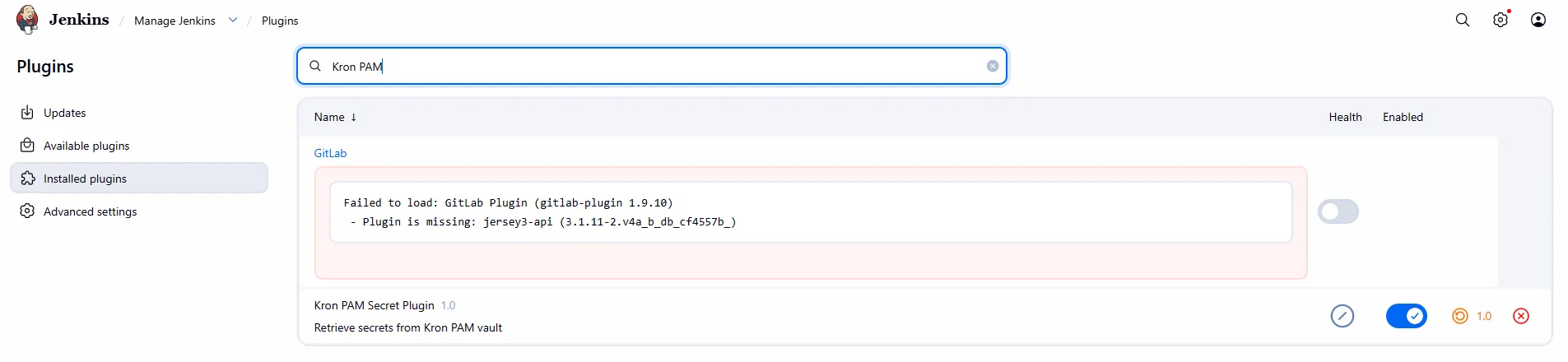 Figure 8 – Installed plugins list, filtered by "Kron PAM", confirming the plugin is active.