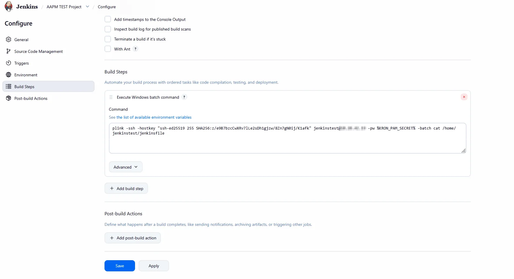 Figure 14 – Build step referencing the secret via the %KRON_PAM_SECRET% environment variable.