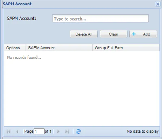 AAPM â Add SAPM Account Pop-up Screen AAPM â Add SAPM Account Pop-up Screen
