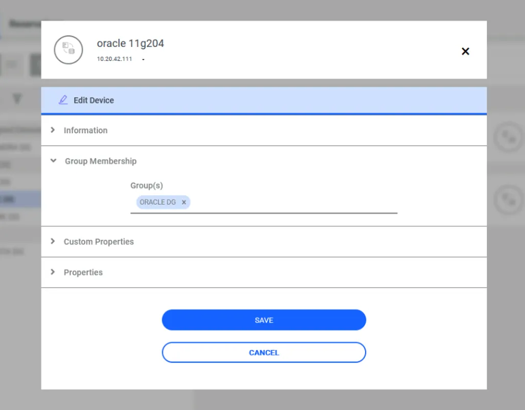 Adición de dispositivo de base de datos / Sección de membresía de grupo