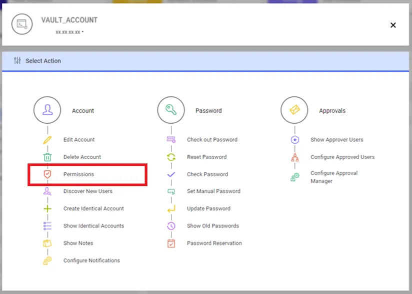 Permissions option for a Password Vault Account