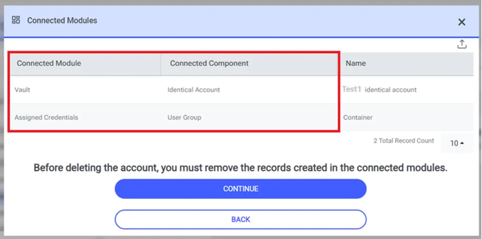Advertencia de eliminación de cuenta de Vault