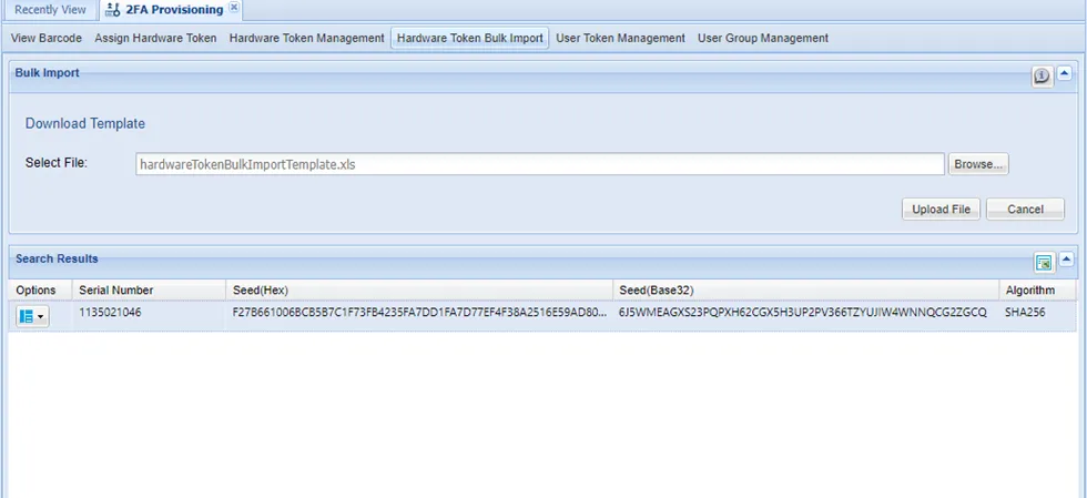 Hardware Token Bulk Import Menu