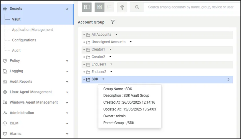 Listed Defined Vault Account Groups Screen