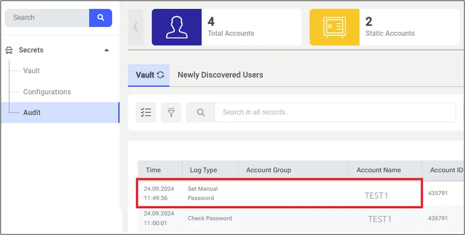 Vault Log Listed Screen 