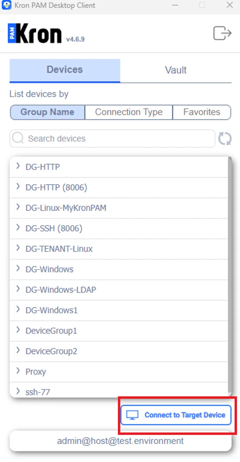 Using the connect to target device feature on Kron PAM Desktop Client