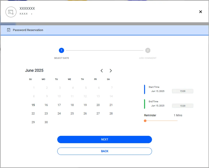 Ventana emergente de Password Reservation