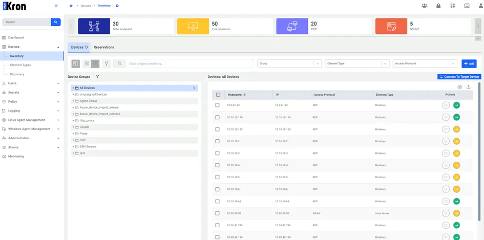 Vista de lista de los dispositivos