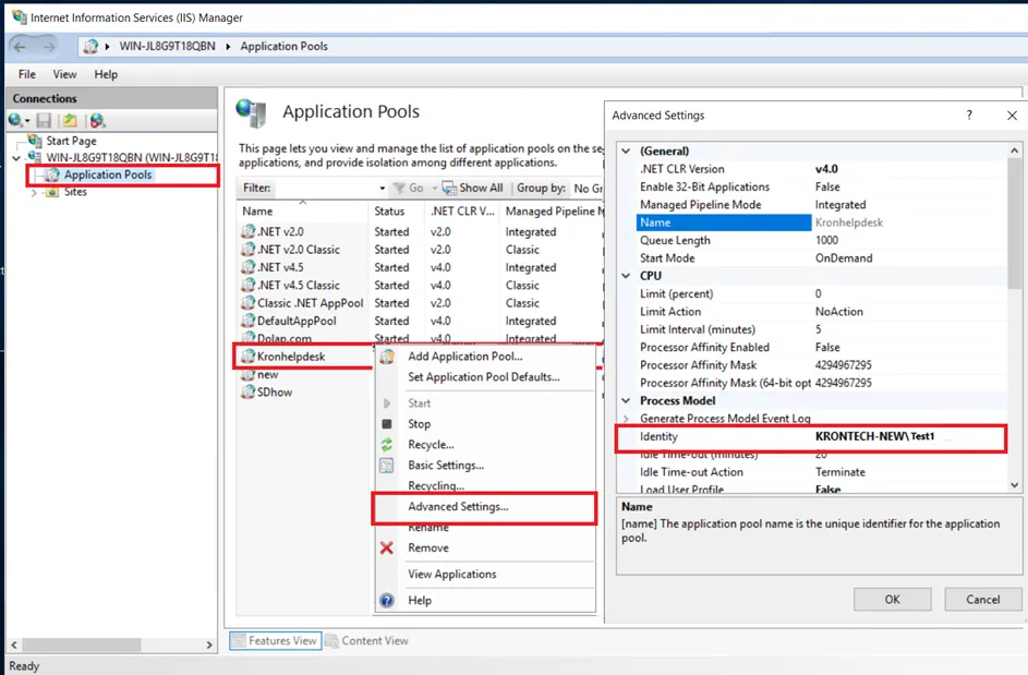 IIS Application Pools Assign User Screen