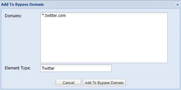 Add to bypass domain dialog box Add to bypass domain dialog box