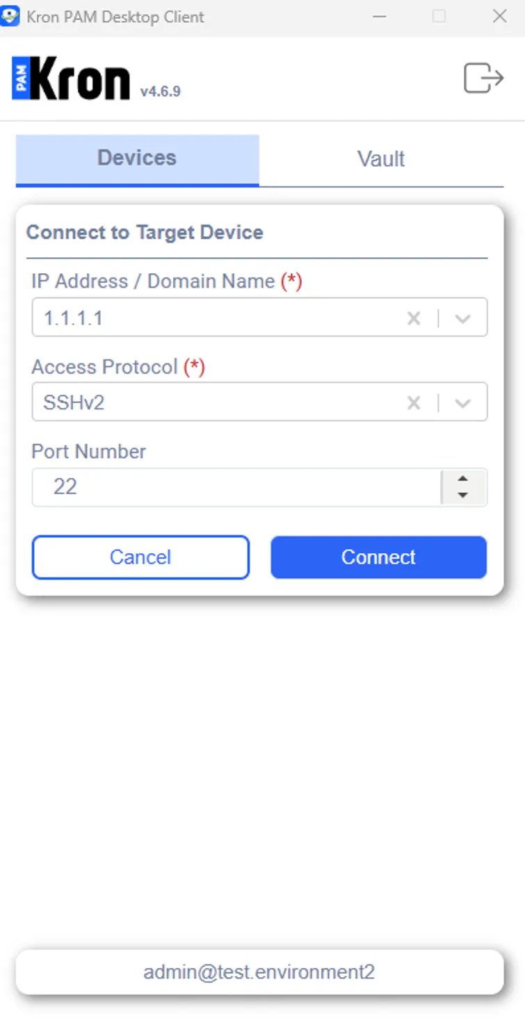 Using the connect to target device feature for SSH device on Kron PAM Desktop Client