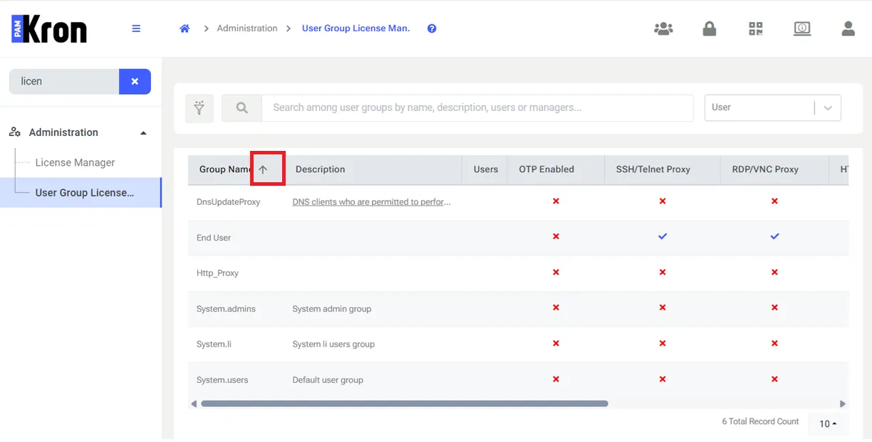 User Group License Manager result sorting