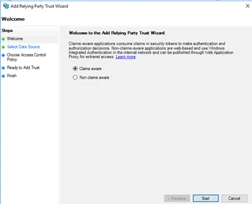 Add Relying Party Trust Wizard welcome screen