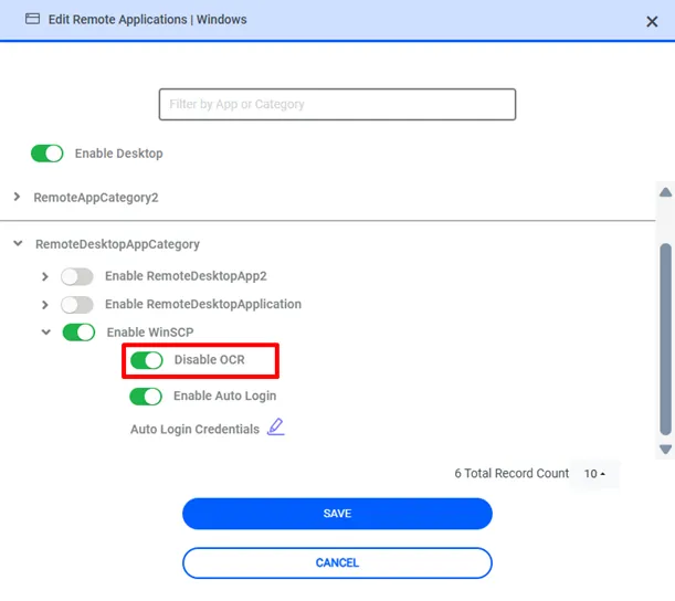 Deshabilitar OCR para una aplicación remota