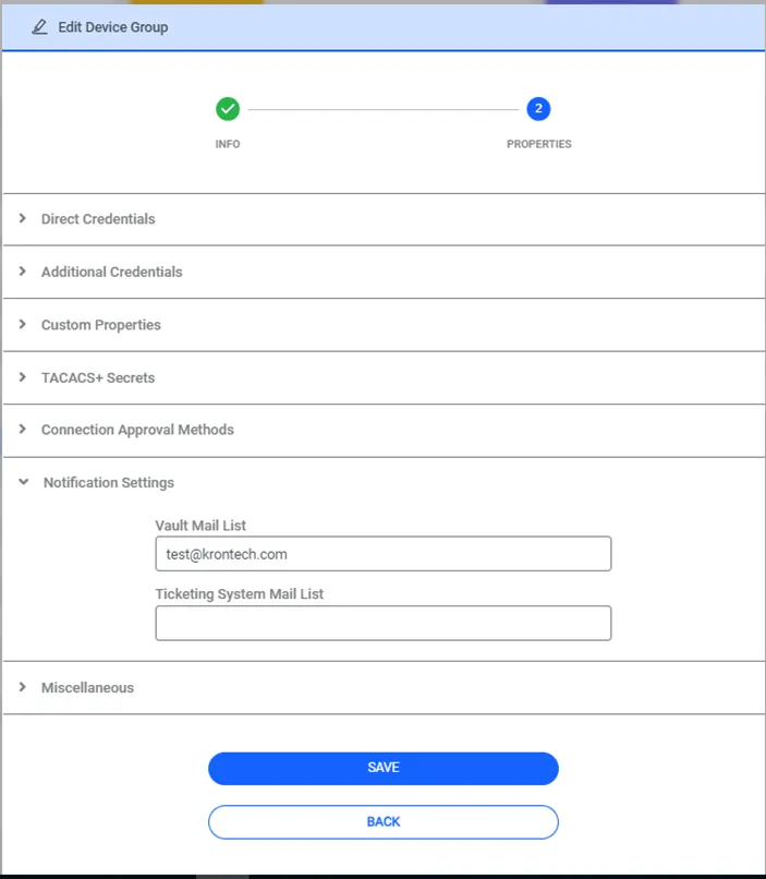 The Vault Mail List Property in the Device Group Properties The Vault Mail List Property in the Device Group Properties
