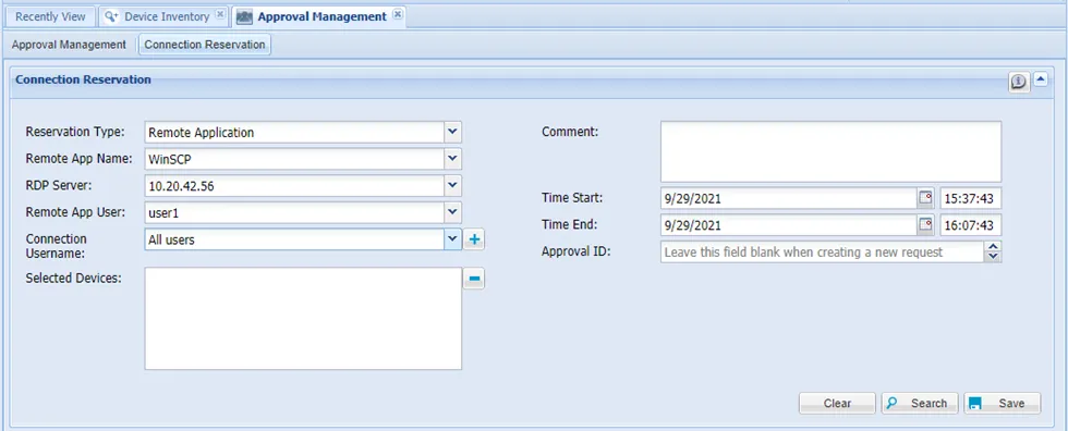 Remote Application selection in the Connection Reservation screen
