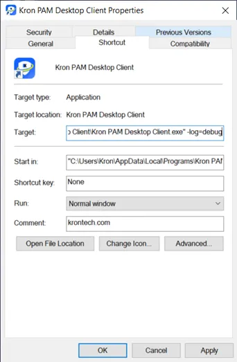 Enabling detailed log mode on Kron PAM Desktop Client