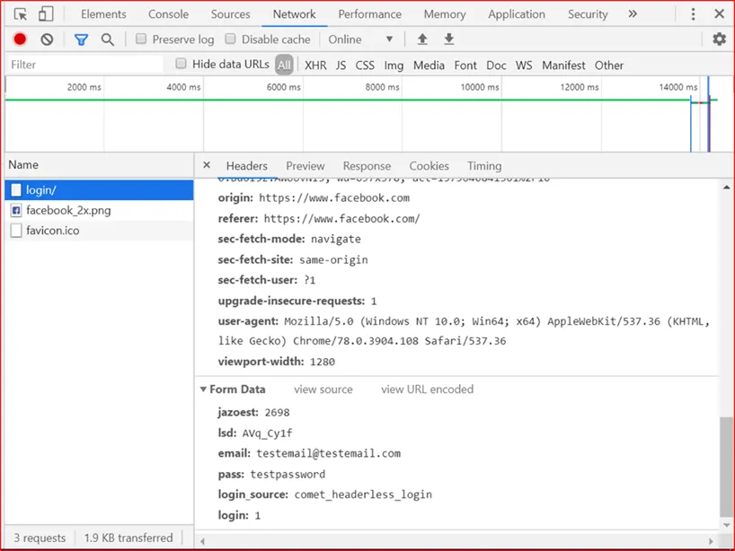 Test credential parameter name in Facebook web page inspection codes Test credential parameter name in Facebook web page inspection codes