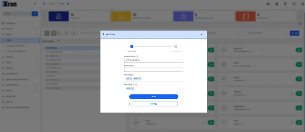 Creating a group: "Add Group" section 