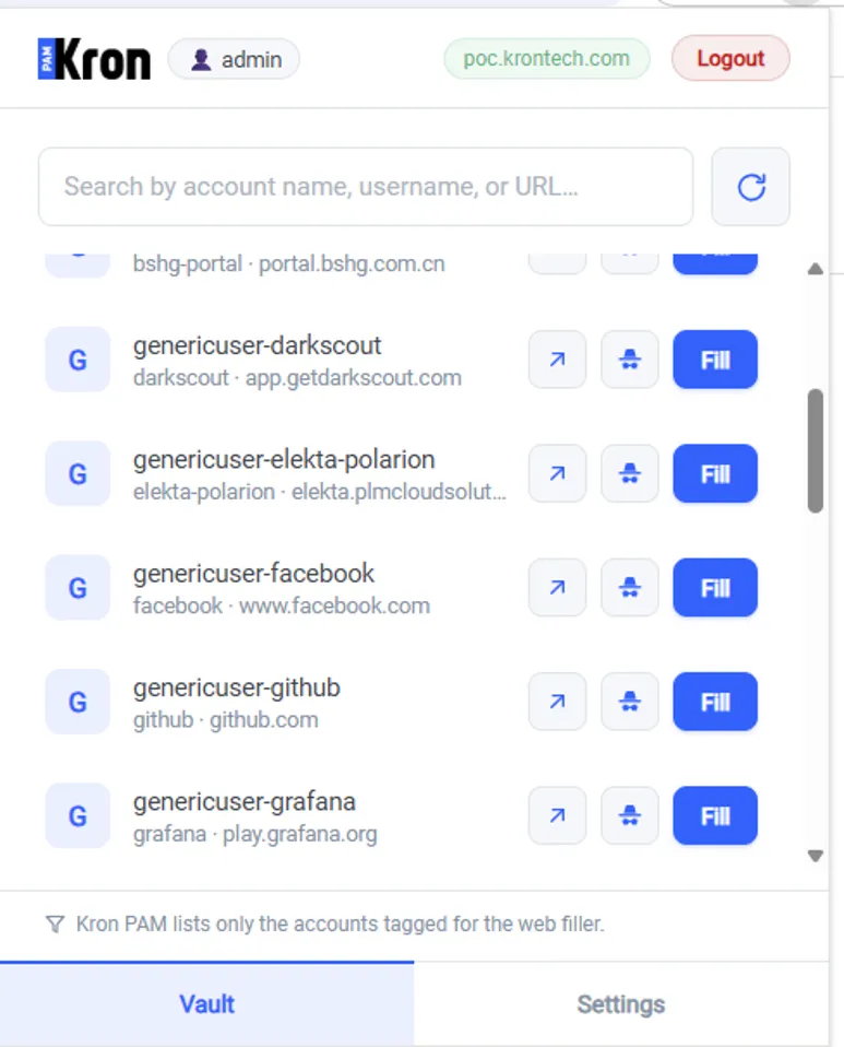 Showing the Vault accounts list
