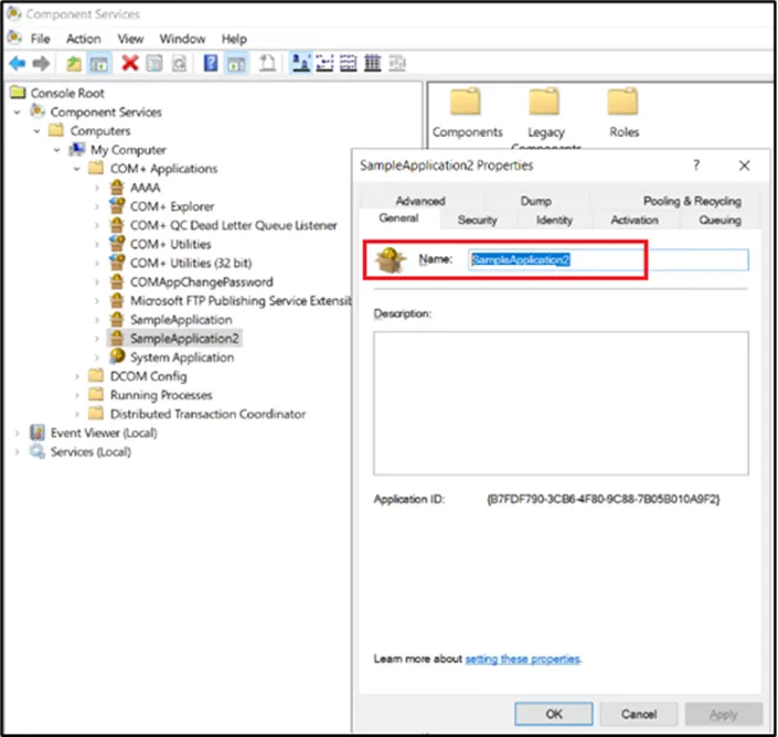 Windows Component Service Definition Screen