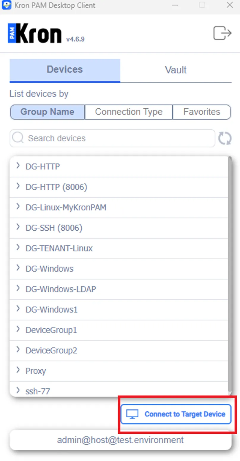 Using the connect to target device feature on Kron PAM Desktop Client Application