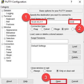 Enter the KRON PAM IP address and port 2222 in Putty Enter the KRON PAM IP address and port 2222 in Putty