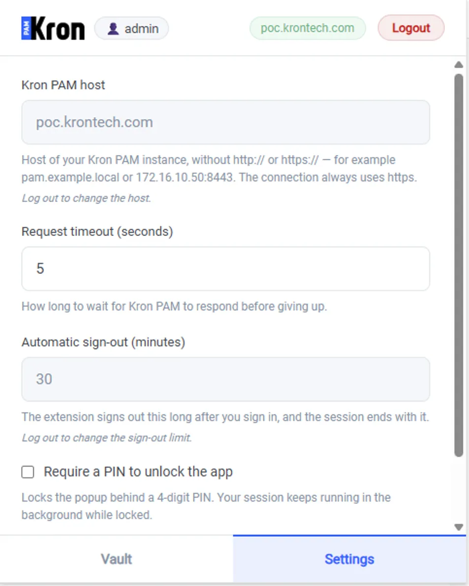 Showing the Settings tab