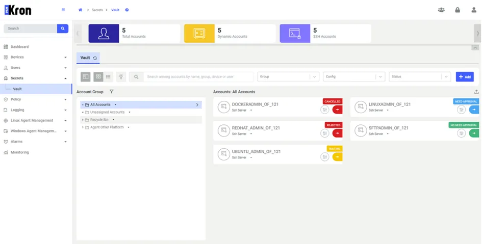 Vista de tarjetas de las Vault accounts