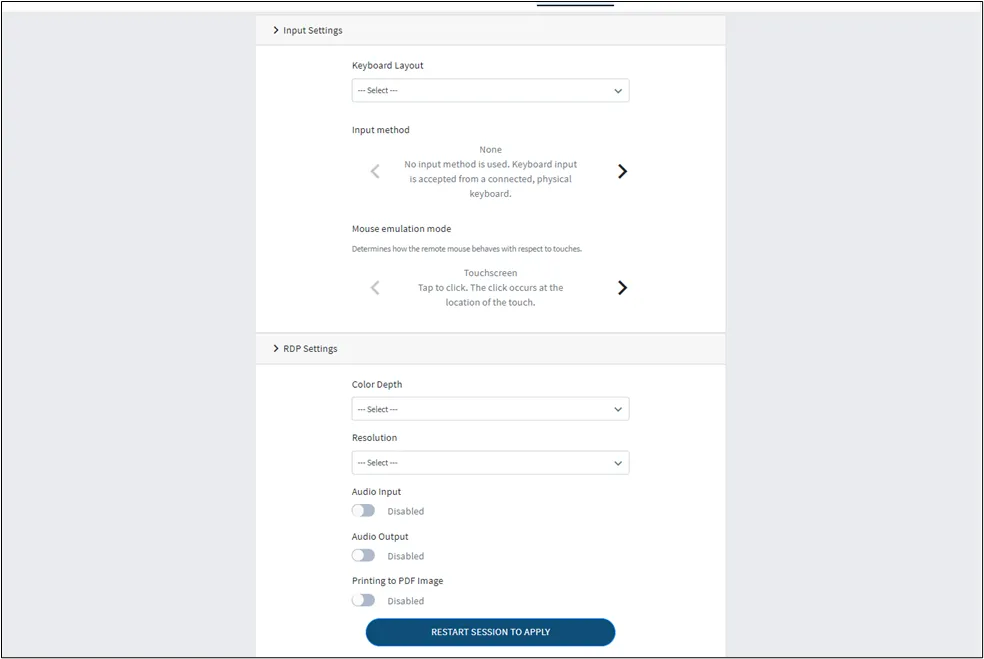 Settings tab in RDP Session Settings tab in RDP Session