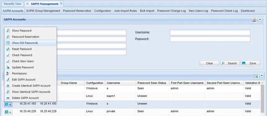 Showing Old Passwords for an SAPM account