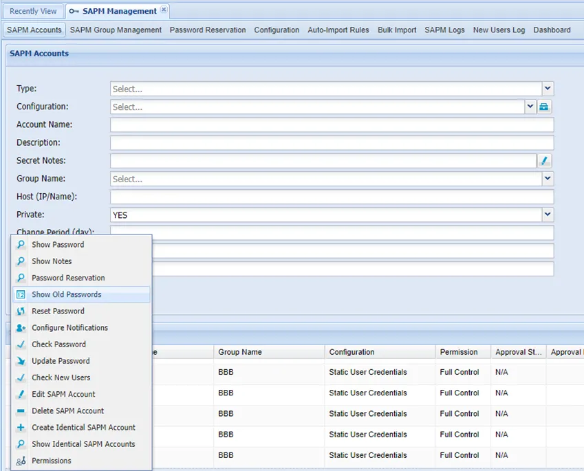 Showing Old Passwords for an SAPM account