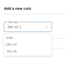 The Coin type drop down menu