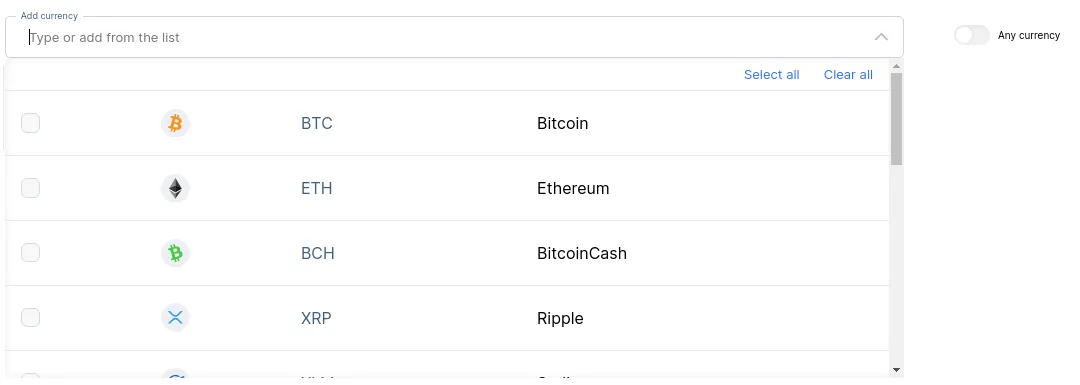 The activated currencies list