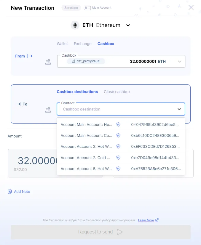 Filling out the new Transaction pane for a cashbox transfer