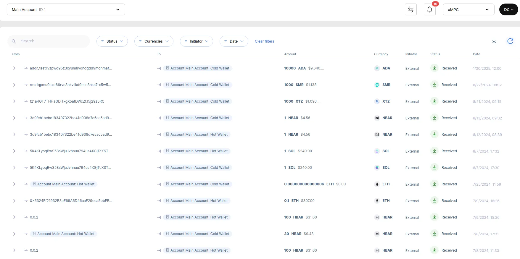 A digital transaction history page displaying a list of transactions associated with a main account. The interface includes a search bar and filter options for status, currencies, initiator, and date at the top. Below, a table presents transaction details, including sender and recipient addresses, amounts, currency types (such as ADA, SMR, XTZ, NEAR, SOL, ETH, and HBAR), initiator (external), transaction status (received), and timestamps. Each transaction row includes an expandable arrow for more details. The top-right corner features account and notification icons, along with a refresh button.