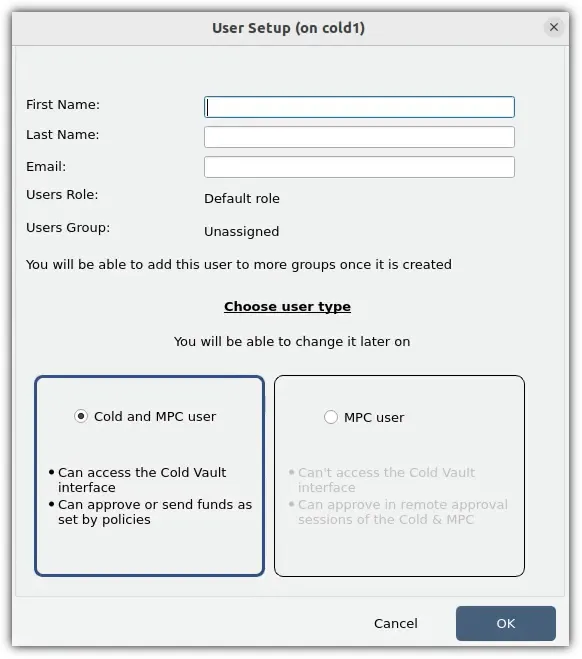 The User Setup screen